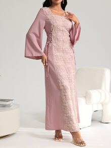 Yasveil 女式优雅方领拼接刺绣束腰连衣裙，春夏 - 粉色 - 查看 4
