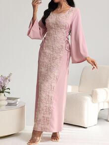 Yasveil 女式优雅方领拼接刺绣束腰连衣裙，春夏 - 粉色 - 查看 5