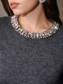Anewsta Elegant New Fashion Wool Blend Rhinestone Embellished Collar Grey Cute Ageless Versatile Long Sleeve Plus Size Sweater Top Fall Winter - Grey - View 2