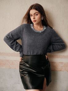 Anewsta Elegant New Fashion Wool Blend Rhinestone Embellished Collar Grey Cute Ageless Versatile Long Sleeve Plus Size Sweater Top Fall Winter - Grey - View 5