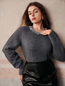 Anewsta Elegant New Fashion Wool Blend Rhinestone Embellished Collar Grey Cute Ageless Versatile Long Sleeve Plus Size Sweater Top Fall Winter - Grey - View 6