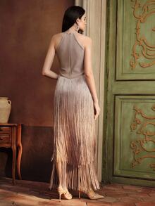 Anewsta Elegant Vintage Bohemian Tassel Maxi Dress, Suitable For Spring, Summer, Holidays, Festivals, Beach, Parties, Easter , Fringe Dress - Apricot - View 7