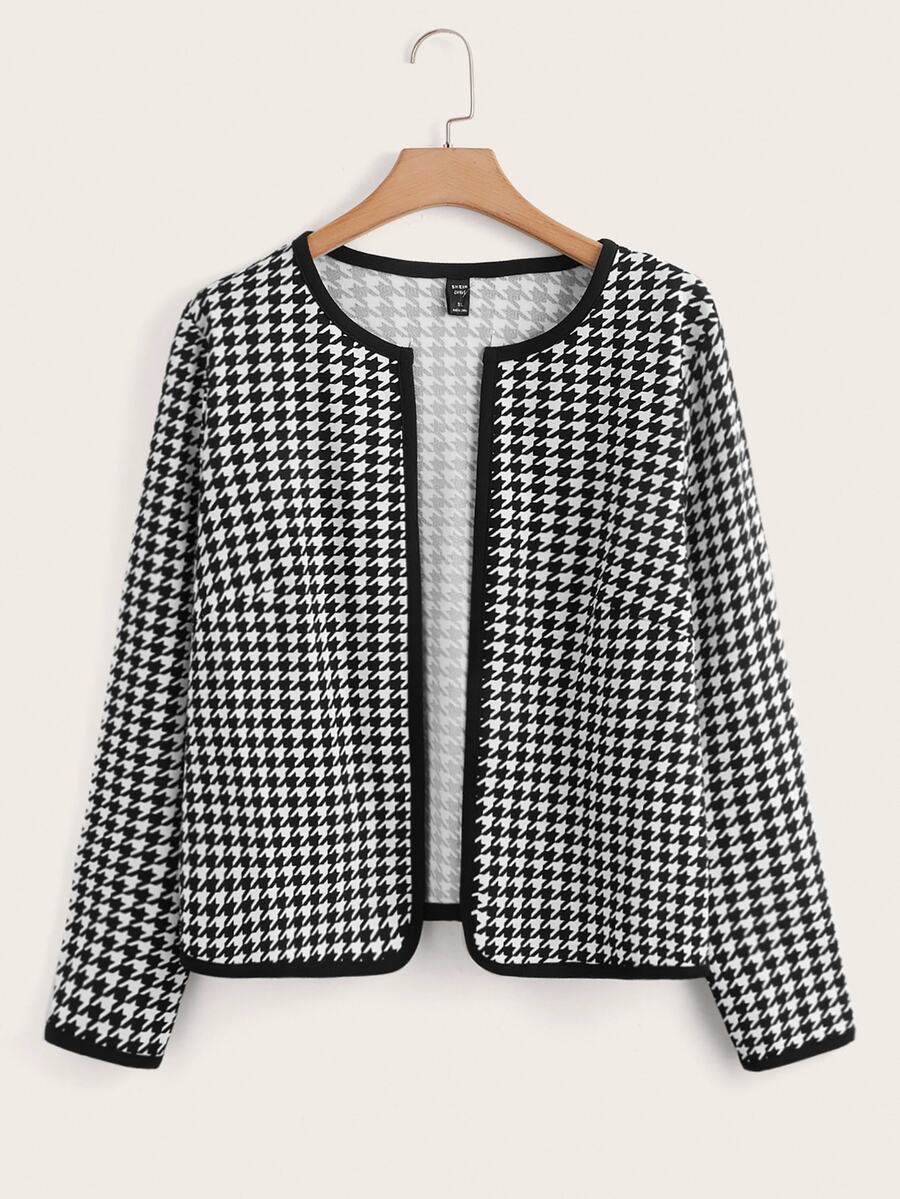 SHEIN Clasi Chaqueta de frente abierto con estampado de pata de gallo en talla grande - Blanco y Negro - Ver 1