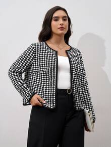 SHEIN Clasi Chaqueta de frente abierto con estampado de pata de gallo en talla grande - Blanco y Negro - Ver 8