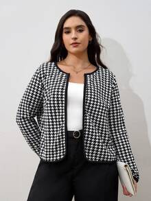 SHEIN Clasi Chaqueta de frente abierto con estampado de pata de gallo en talla grande - Blanco y Negro - Ver 2