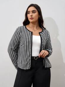 SHEIN Clasi Chaqueta de frente abierto con estampado de pata de gallo en talla grande - Blanco y Negro - Ver 4