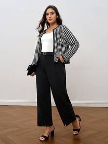 SHEIN Clasi Chaqueta de frente abierto con estampado de pata de gallo en talla grande - Blanco y Negro - Ver 6