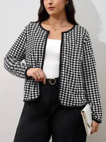 SHEIN Clasi Chaqueta de frente abierto con estampado de pata de gallo en talla grande - Blanco y Negro - Ver 5