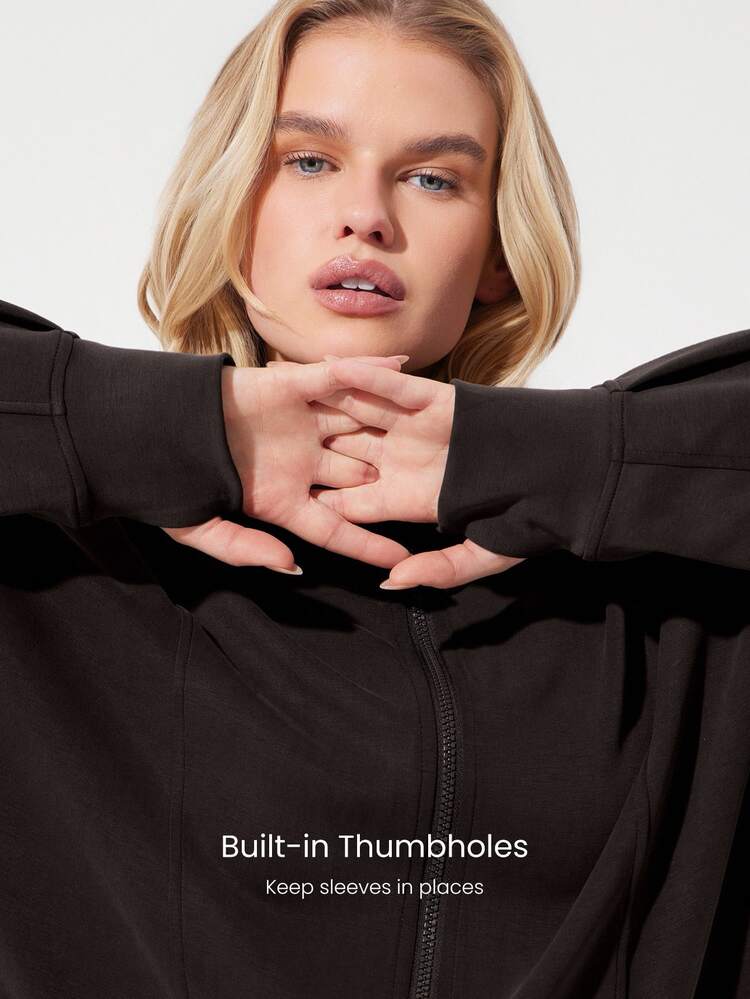 GLOWMODE SoftCalm Modal Chill Days Oversized Silky Smooth Breathable Wide Collar Drawstring Hem Zip-Up Jacket Daily Casual Wear Spring Summer - Chocolate Brown - View 5
