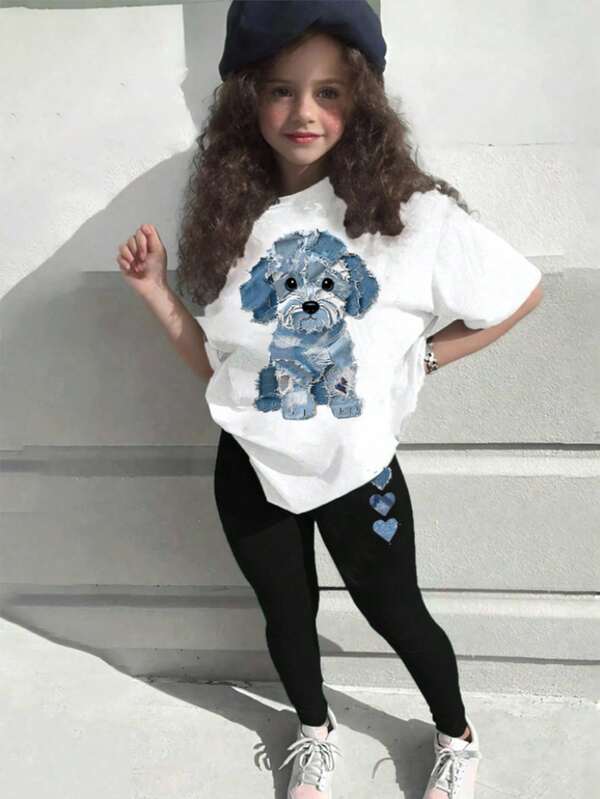 SHEIN 2pcs/Set Girls Cute Puppy Graphic Print White T-Shirt & Black Leggings Outfit,Back-To-School Blue And White Stripe Autumn School Short Sleeve Tee