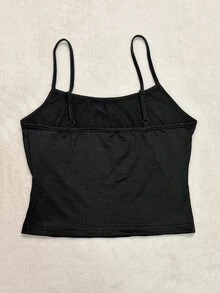 SHEIN EZwear 休闲纯色短款吊带背心，修身女士背心，适合夏季穿着 - 黑色 - 查看 6
