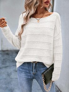 EMERY ROSE Solid Color Crew Neck Casual Pullover Sweater - White - View 8