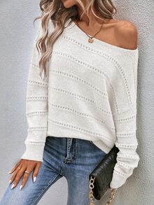 EMERY ROSE Solid Color Crew Neck Casual Pullover Sweater - White - View 6