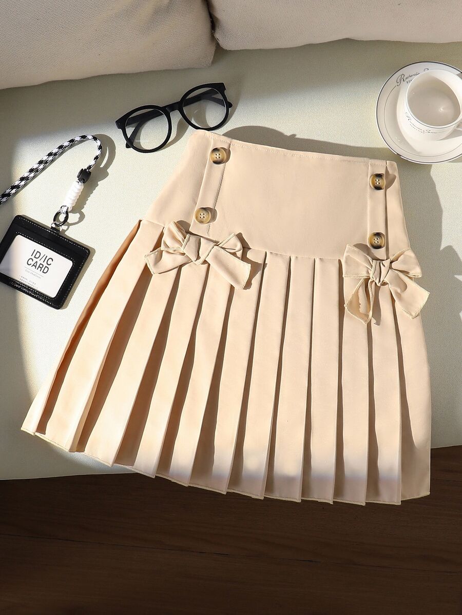 SHEIN Tween Girl Fall Back To School Casual Preppy Cute Beige Elastic Waist Pleated Skirt, Holiday, Comfortable