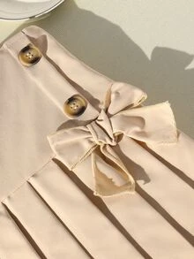 SHEIN Tween Girl Fall Back To School Casual Preppy Cute Beige Elastic Waist Pleated Skirt, Holiday, Comfortable - Khaki - View 5