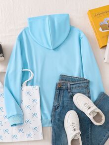 SHEIN Sparklyn 青少年女孩休閒可愛時尚粉色蝴蝶結刺繡運動衫，適合女孩，藍色學院風，秋季告別舞會 - 藍色 - 查看 2