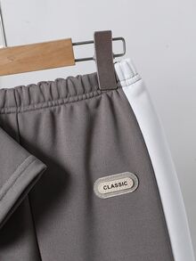 SHEIN Genkimix Kids 2件組小男孩休閒 Polo 衫套裝，白色，夏季，上衣配對比縫線與梭織標籤裝飾，長褲配拼接設計 - 彩色 - 查看 5