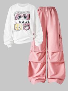 SHEIN ChillGRL 2 件套休闲动漫女孩肖像圆领落肩运动衫和阔腿裤套装，适合少女秋冬 - 彩色 - 查看 4