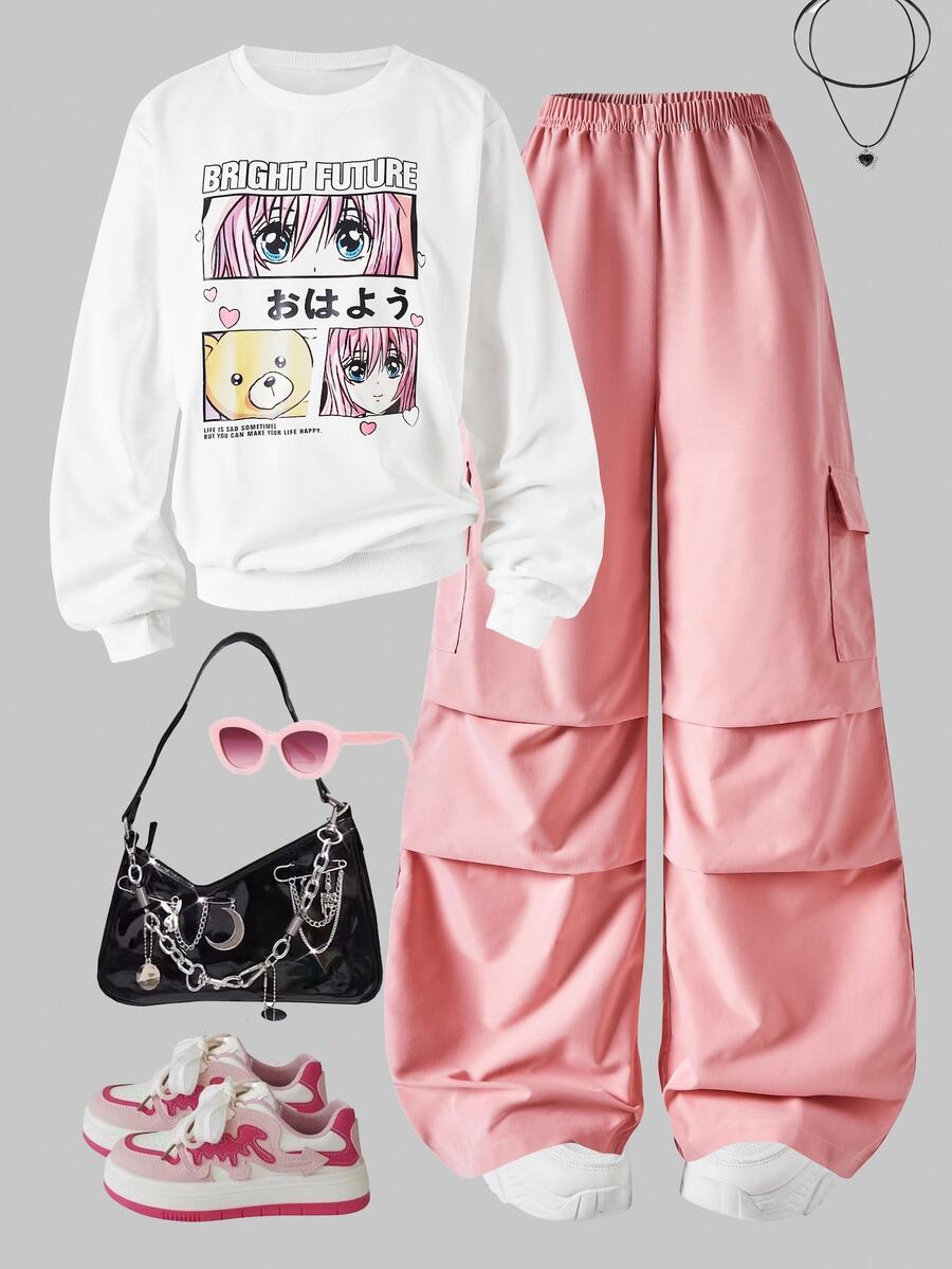 SHEIN ChillGRL 2件組休閒動漫女孩肖像圓領落肩衛衣與寬腿褲套裝,適合青少年女孩秋冬穿搭 - 彩色 - 查看 1