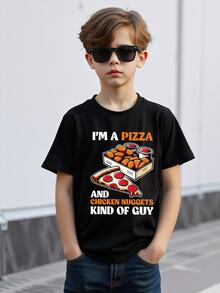 SHEIN Young Boy "I'm A Pizza And Chicken Nuggets" Graphic Round Neck Short Sleeve T-Shirt - Black - View 5