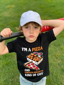 SHEIN Young Boy "I'm A Pizza And Chicken Nuggets" Graphic Round Neck Short Sleeve T-Shirt - Black - View 1