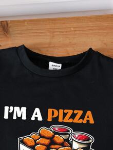 SHEIN Young Boy "I'm A Pizza And Chicken Nuggets" Graphic Round Neck Short Sleeve T-Shirt - Black - View 7