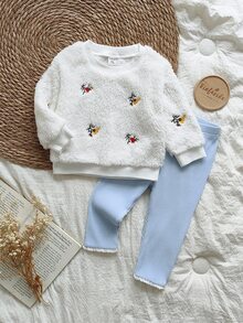 SHEIN Vintaside Kids 女婴休闲花卉刺绣泰迪羊毛套衫和撞色蕾丝打底裤套装，秋冬 - 彩色 - 查看 4
