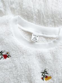 SHEIN Vintaside Kids 女婴休闲花卉刺绣泰迪羊毛套衫和撞色蕾丝打底裤套装，秋冬 - 彩色 - 查看 3
