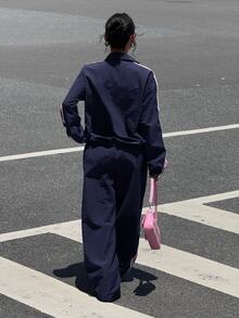 Muchica 海军蓝和粉色丝带拼接运动梭织女式休闲西装 - 藏蓝色 - 查看 2