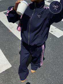 Muchica 海军蓝和粉色丝带拼接运动梭织女式休闲西装 - 藏蓝色 - 查看 7