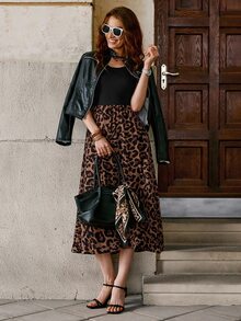 SHEIN Clasi 休閒性感豹紋拼接無袖洋裝，女款秋冬春夏度假穿搭上衣，黑白豹紋印花 - 黑色 - 查看 3