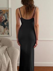 INAWLY Women's Solid Color Backless Spaghetti Strap Fitted Long Dress Night Out Black Summer Party Night Out Sexy - Black - View 3