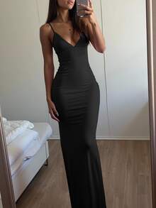 INAWLY Women's Solid Color Backless Spaghetti Strap Fitted Long Dress Night Out Black Summer Party Night Out Sexy - Black - View 2