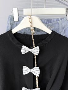 Tween Girls' Colorblock Bow Decor Round Neck Long Sleeve Cardigan Fall Winter - Navy Blue - View 6