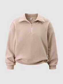 青少年女孩休閒街頭風純色 Polo 領運動衫與長褲套裝，秋冬冬季六年級生日粉色 - 杏色 - 查看 3