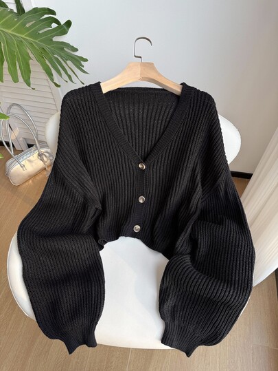 SHEIN EZwear 大尺碼純色V領羅紋前開扣長袖套頭毛衣，辦公正式優雅寬鬆款，畢業工作穿搭，黑色秋季柔軟休閒