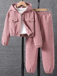 SHEIN Tween女孩長袖抓絨秋季套裝 2件/套 可愛牛仔女郎單排扣連帽外套長褲 秋冬校園風 灰粉色 - 粉色 - 查看 2