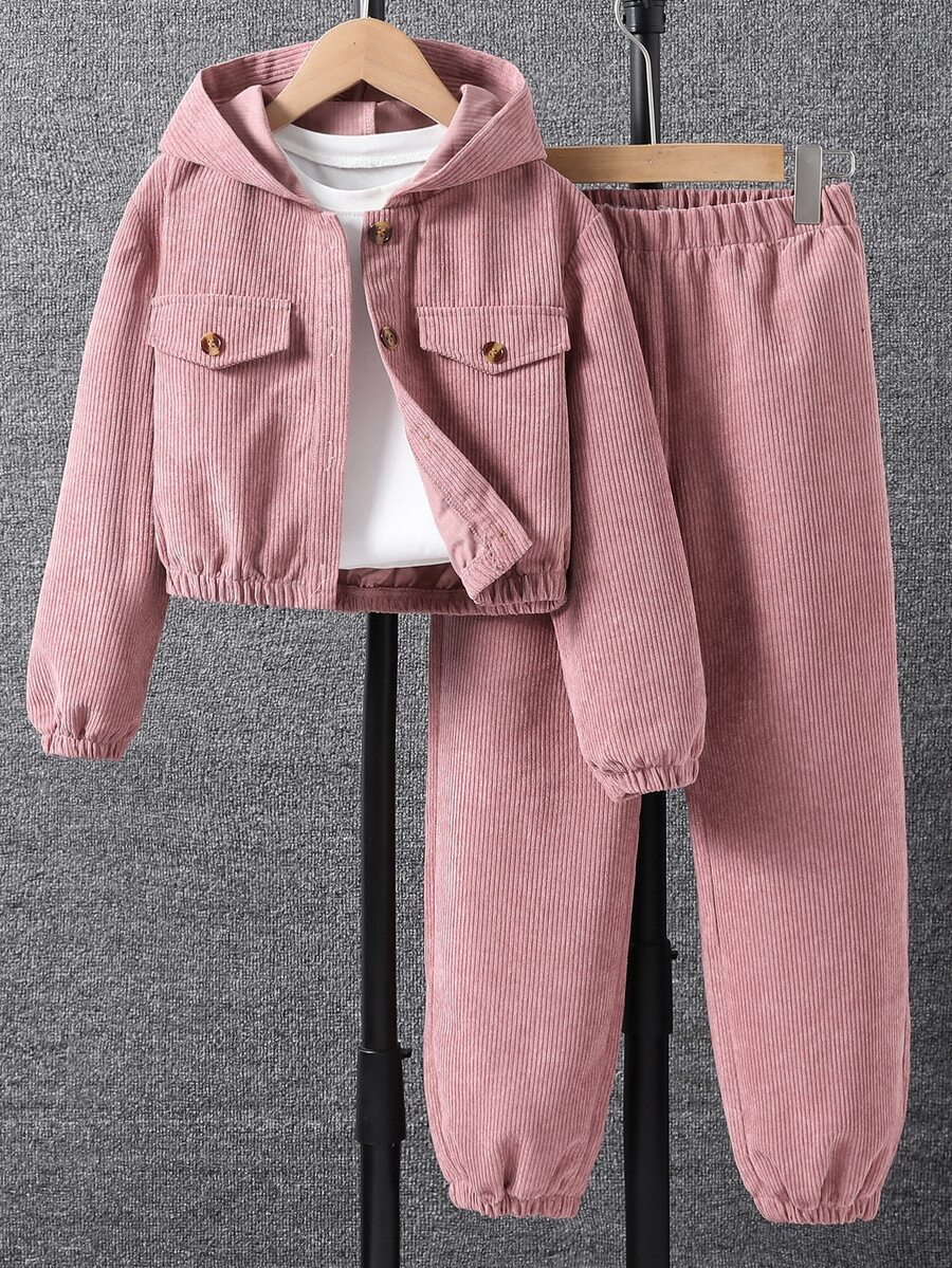 SHEIN Tween女孩長袖抓絨秋季套裝 2件/套 可愛牛仔女郎單排扣連帽外套長褲 秋冬校園風 灰粉色
