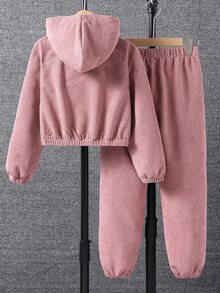 SHEIN Tween女孩長袖抓絨秋季套裝 2件/套 可愛牛仔女郎單排扣連帽外套長褲 秋冬校園風 灰粉色 - 粉色 - 查看 3