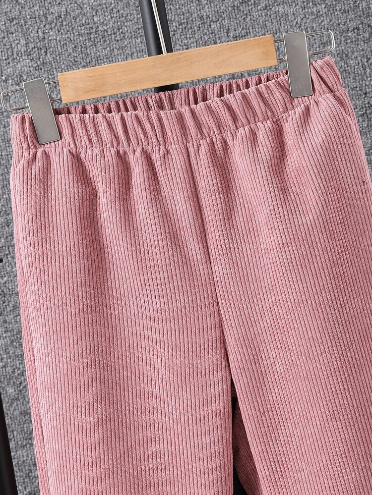 SHEIN Tween女孩長袖抓絨秋季套裝 2件/套 可愛牛仔女郎單排扣連帽外套長褲 秋冬校園風 灰粉色 - 粉色 - 查看 5