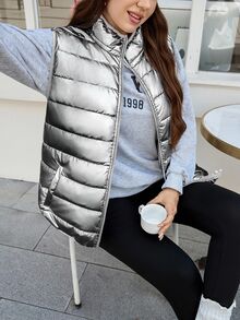 SHEIN LUNE 大尺碼女款休閒時尚街頭風金屬感面料立領前開拉鍊加厚背心外套，秋冬灰色 - 銀色 - 查看 4
