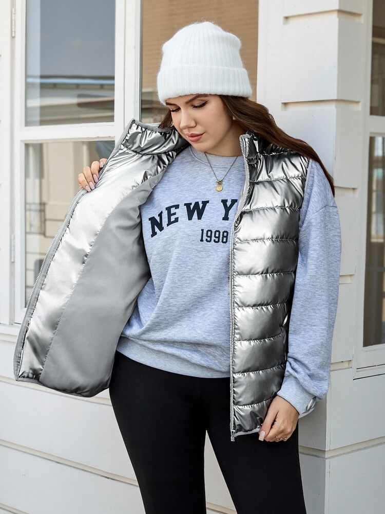 SHEIN LUNE Plus Size Women Casual Fashionable Street Metallic Fabric Stand Collar Zipper Front Padded Vest Autumn Winter, Versatile Zip-Up Jacket For Hiking - Silver - View 7
