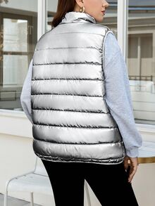 SHEIN LUNE 大尺碼女款休閒時尚街頭風金屬感面料立領前開拉鍊加厚背心外套，秋冬灰色 - 銀色 - 查看 5