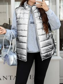 SHEIN LUNE 大尺碼女款休閒時尚街頭風金屬感面料立領前開拉鍊加厚背心外套，秋冬灰色 - 銀色 - 查看 7