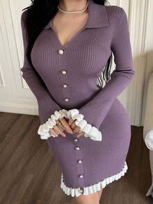 Feyla Color Block Fitted Elegant Knit Mini Dress, Women's Autumn/Winter Sweater Dress - Mauve Purple - View 1