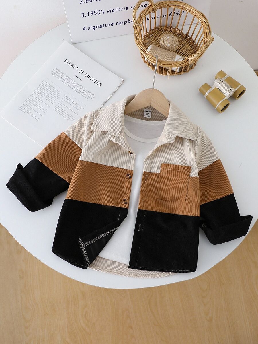 SHEIN Little Boys Back To School Contrast Color Button Up Jacket Varsity Style Pocket Fall Casual Kids Outerwear Campus Coat - Multicolor - View 1