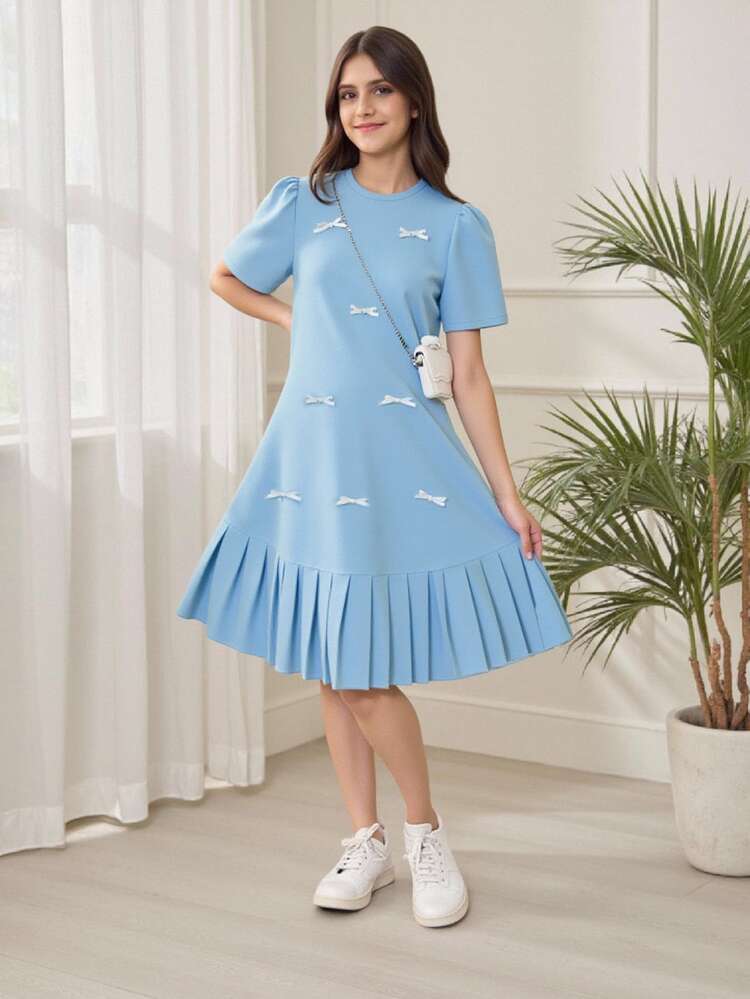 SHEIN Vestido mini plisado con mangas abullonadas y decoración de lazo para chica adolescente, dulce y elegante, para fiesta de 16 años, cumpleaños, primavera/verano, vacaciones y graduación, azul cerceta - Azul - Añade 8