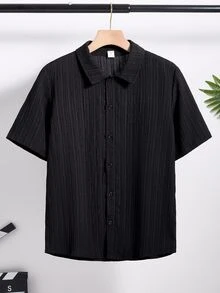 SHEIN 青少年男孩休闲黑色短袖衬衫，适合运动、街头、朋克、摇滚、学校、日常、派对、音乐节、春夏季 - 黑色 - 查看 5