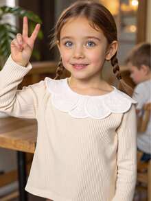 Elladie kids 女童罗纹面料长袖 T 恤，蕾丝花边领口，舒适休闲优雅时尚，适合春季、秋季、冬季 - 粉色 - 查看 4