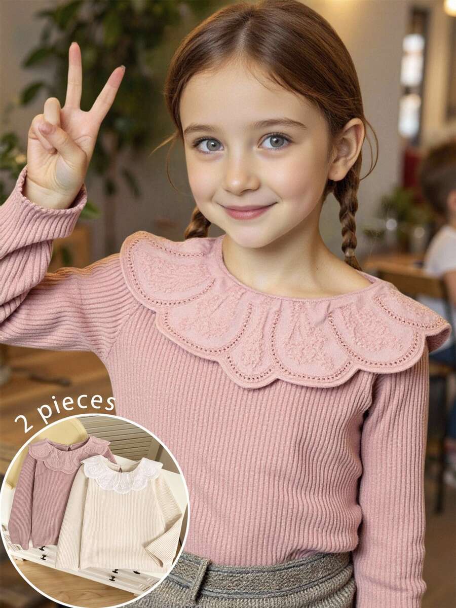 Elladie kids 女童罗纹面料长袖 T 恤,蕾丝花边领口,舒适休闲优雅时尚,适合春季、秋季、冬季 - 粉色 - 查看 1